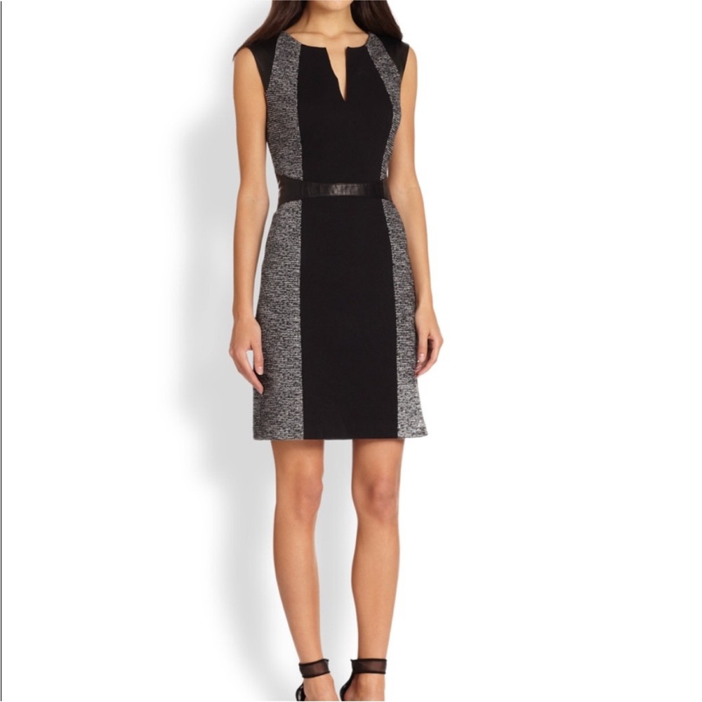 Rebecca Taylor Caitylin Wool Tweed Lamb Leather Trim Shift Dress Size 12 EUC